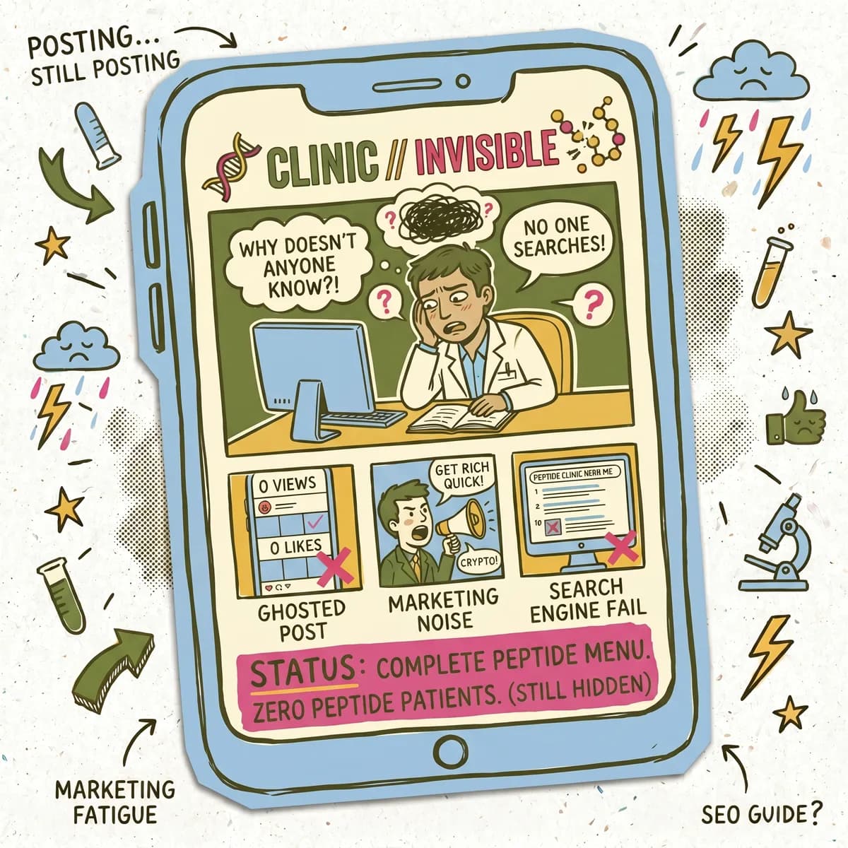 Illustration: a frustrated peptide doctor at a desk, with labels for ghosted posts, marketing noise, and search-engine fail. Status reads: complete peptide menu, zero peptide patients, still hidden.