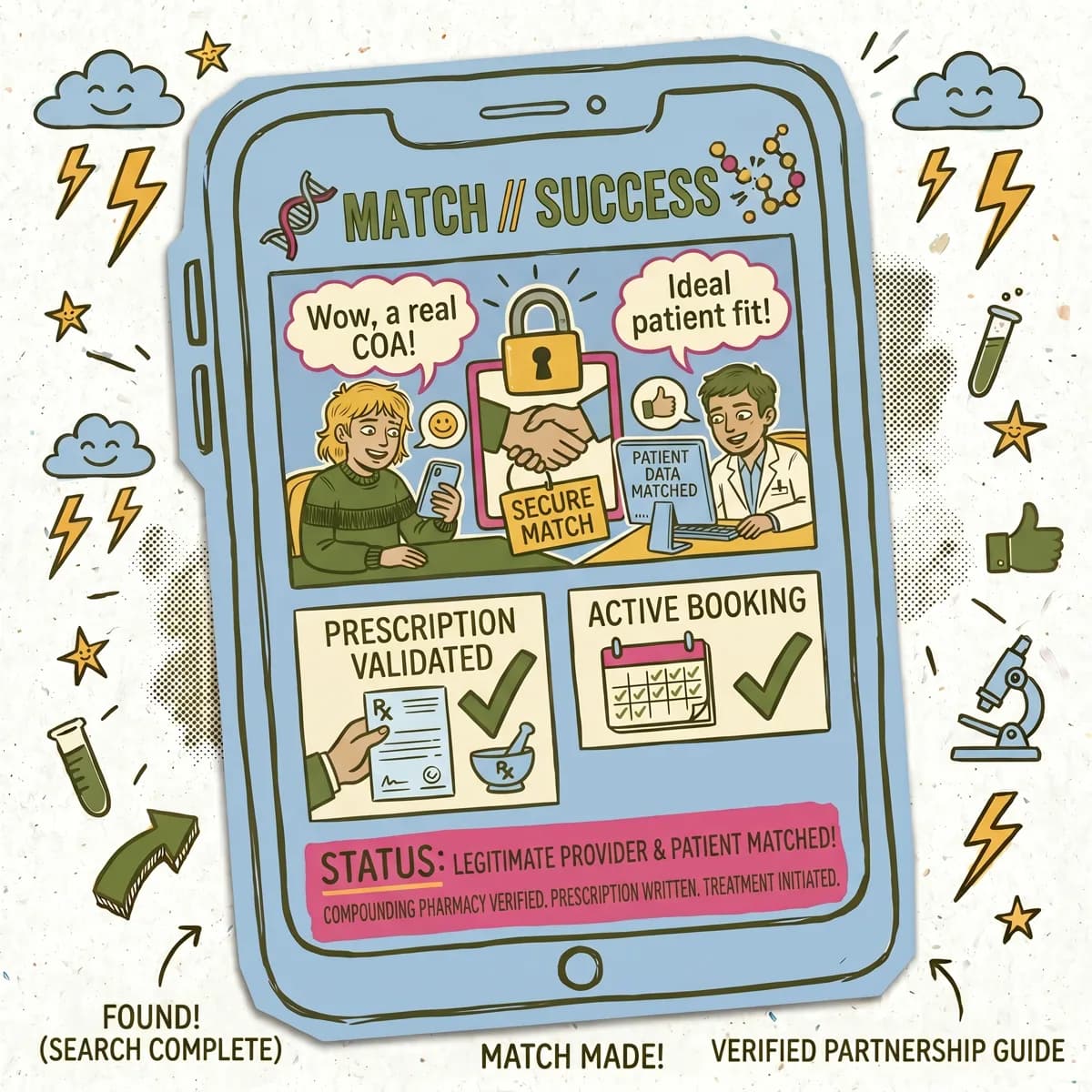 Illustration: MATCH // SUCCESS. A patient and a provider shake hands with thought bubbles reading "Wow, a real COA!" and "Ideal patient fit!" Bottom panels show Prescription Validated and Active Booking. Status reads: legitimate provider and patient matched.